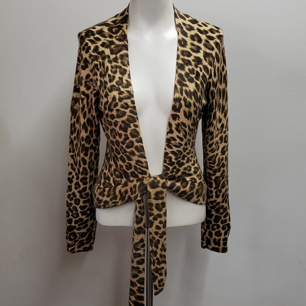 INC International Concepts Leopard Print Angora Rabbit Hair Tie Front Cardigan L